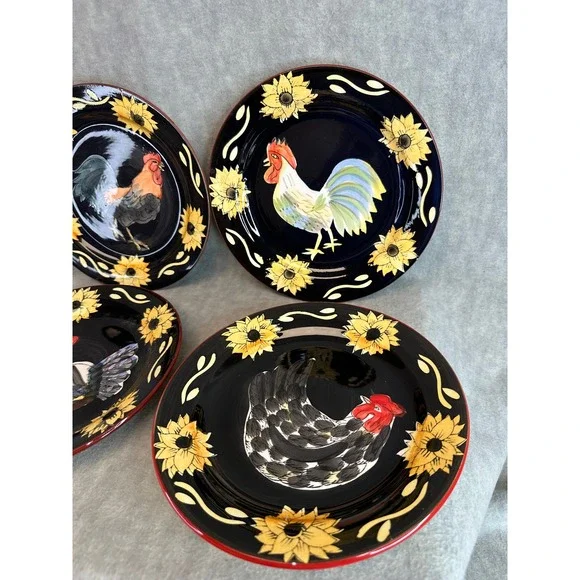 Set of 4 Rooster Sunflower Salad Plates Dark Blue Red Rim‎ Farmhouse  Decor - Picture 9 of 9